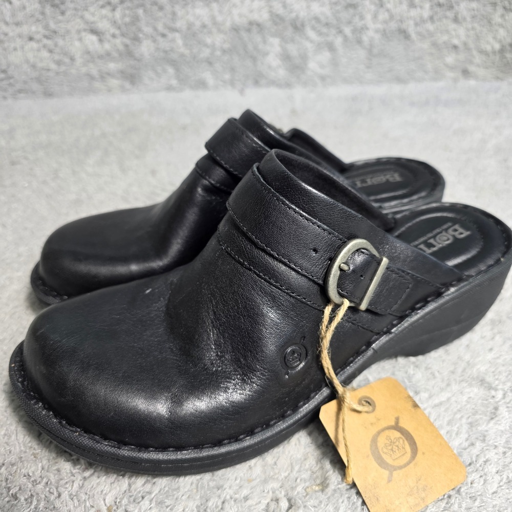 Born Black Mules Clogs Handcrafted Soft Leather Wedge Heel Womens 9M NEW Classic